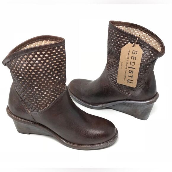 NWT Bed Stu Brown Leather Cobbler Duchess Perforated Wedge Boots Women size 8 - Picture 2 of 7